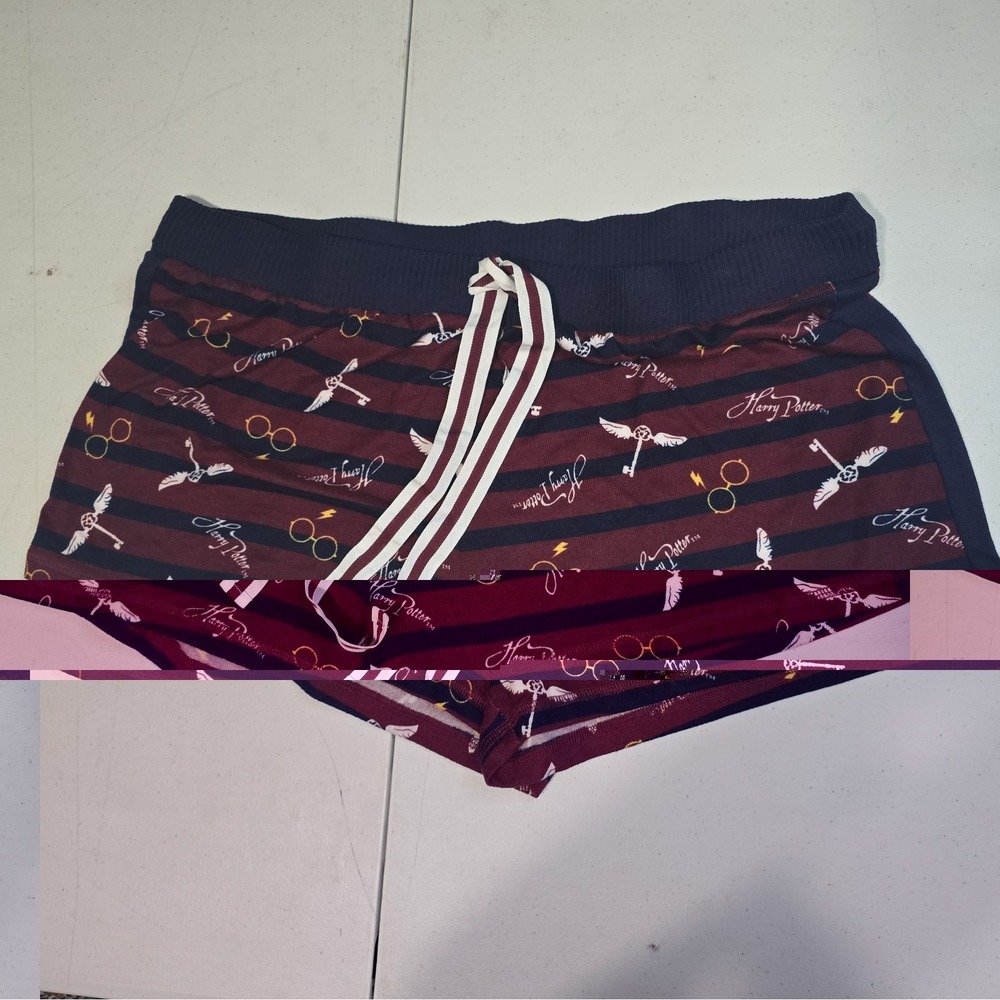 Harry Potter Sleep Shorts Size X (16-18) Pull On Maroon Blue Print Stretch